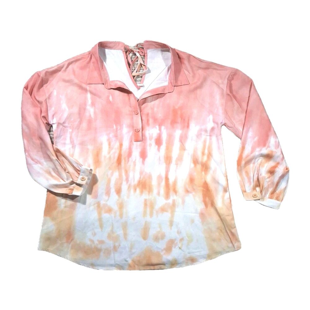 Womens Medium Tie Dye Long Sleeve Shirt Boho Orange Pink Lace Up Back V-Neck Top